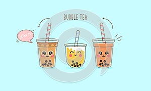 Cute boba milk tea cartoon characters set