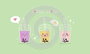 Cute boba milk tea cartoon characters set