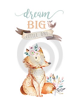 Cute bohemian baby cartoon fox animal for kindergarten, woodland nursery isolated decoration forest illustration for