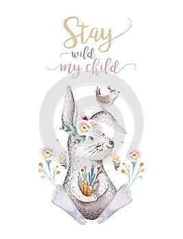 Cute bohemian baby cartoon rabbit animal for kindergarten, woodland nursery isolated bunny forest illustration for