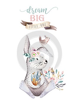 Cute bohemian baby cartoon rabbit animal for kindergarten, woodland nursery isolated bunny forest illustration for