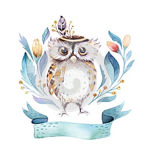 Cute bohemian baby owl animal for kindergarten, woodland nursery isolated decoration forest owls illustration for