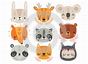 Cute Boho animals - rabbit, deer, koala, fox, bear, panda, raccoon, owl, cat. Childish characters for your design