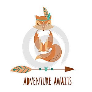 Cute boho fox kids illustration. Tribal animal fox sign, tattoo. Adventure awaits. Boho arrow. Travel poster. Vector