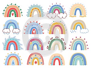 Cute Boho rainbows. Natural arch with clouds. Kids colorful Scandinavian elements. Weather post rain phenomenon. Nursery