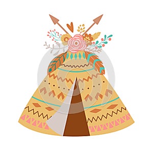 Cute boho teepee with floral bouquet, feathes, arrows. Tribal baby girl element. Teepee tent, wigwam Vector