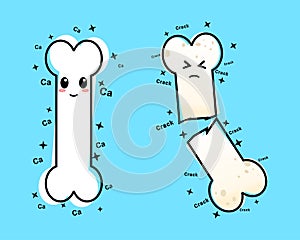 Cute bone character. Healthy happy bone and sick sad unhealthy osteoporotic, fracture.