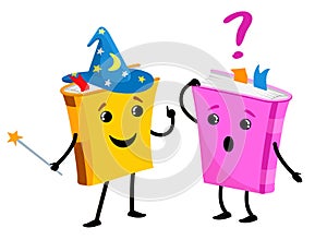 Cute book character. Books talk to each other. ook characters, mascots, cartoon vector illustration isolated on white