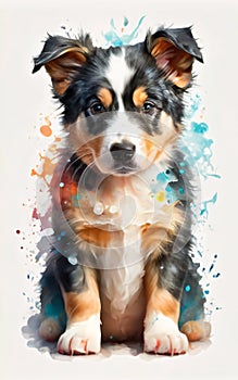 Cute border colie puppy watercolor art