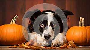 cute border collie dog resting his head pop up on pumpkin. dog resting head on a halloween pumpkin