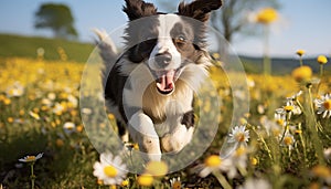 Cute border collie puppy running in the grass, looking happy generated by AI