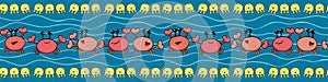Cute border with dancing coral and orange crabs and yellow jellyfish. Seamless vector pattern on blue background with