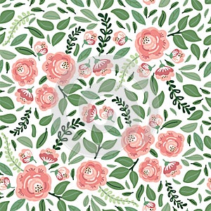 Cute botanical floral seamless pattern background with bouquets of rustic roses flowers and leaves branches