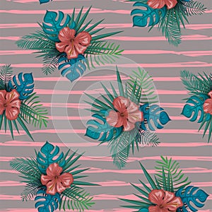 Cute botanical seamless pattern with hibiscus flower and palm leaves vintage trendy background vector illustration for women