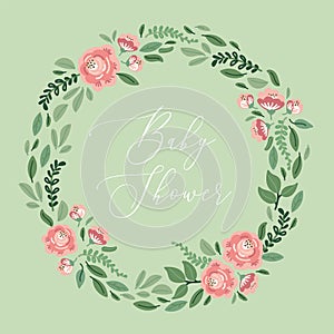 Cute botanical theme floral frame background with bouquets of hand drawn rustic roses and leaves in neutral colors