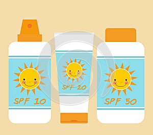 Cute bottles of sunscreen with different SPF. Smiling sun motif