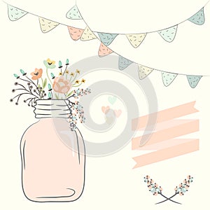 Cute bouquet of wedding flowers in a glass jar. Vector illustrat