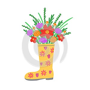 Cute bouquet in yellow rubber boots. Spring, summer. Vector Illustration for printing, backgrounds, covers, greeting cards,