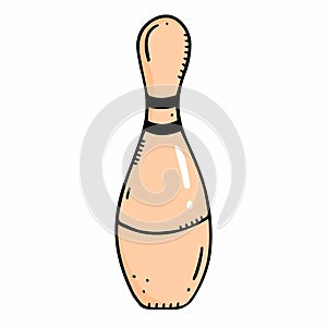 Cute bowling pin in cartoon doodle style with outline. Doodle vector illustration. Bowling pin isolated on white background