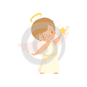 Cute Boy Angel with Nimbus and Wings Holding Golden Star, Lovely Baby Cartoon Character in Cupid or Cherub Costume