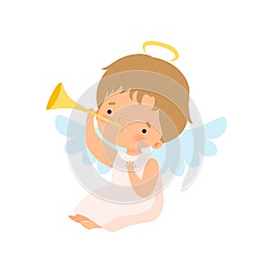 Cute Boy Angel with Nimbus and Wings Playing Trumpet, Lovely Baby Cartoon Character in Cupid or Cherub Costume Vector