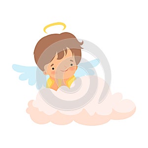 Cute Boy Angel with Nimbus and Wings Sitting on Cloud, Lovely Baby Cartoon Character in Cupid or Cherub Costume Vector