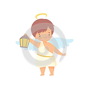 Cute Boy Angel with Nimbus and Wings Standing with Lantern, Lovely Baby Cartoon Character in Cupid or Cherub Costume