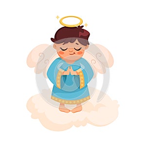 Cute Boy Angel with Wings and Nimbus on Soft Cloud Vector Illustration