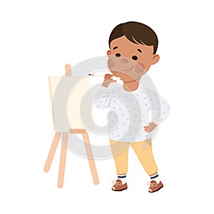 Cute Boy Artist Painting on Canvas, Kid Practicing Skills to Find Dream Cartoon Vector Illustration