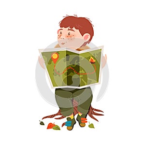 Cute Boy as Junior Scout Sitting on Stub and Examining Map Vector Illustration