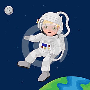 Cute boy astronaut cartoon in outer space