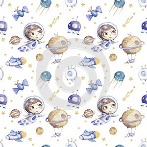 Cute boy astronaut with rocket and planets background seamless pattern watercolor colorful cosmic kid cartoon illustration with