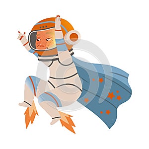 Cute boy astronaut in space suit flying on jetpack. Design element can be used for children print, books, stickers