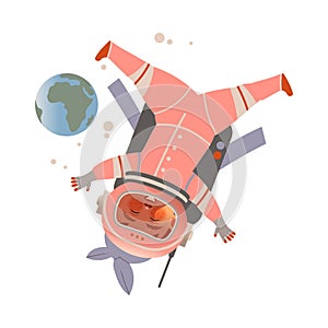 Cute boy astronaut in space suit flying in open space. Design element can be used for children print, books, stickers