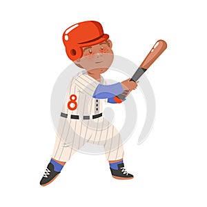 Cute Boy Athlete in Helmet and with Bat Playing Baseball Vector Illustration