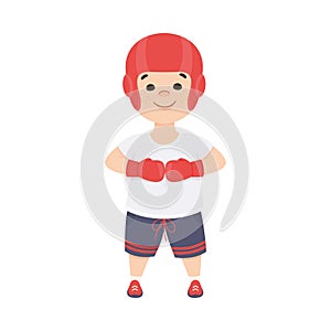 Cute Boy Athlete Practicing Box, Kid Doing Sports, Active Healthy Lifestyle Concept Cartoon Style Vector Illustration