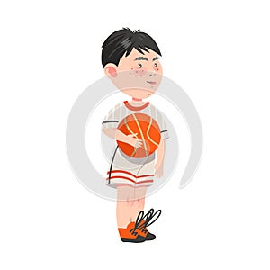 Cute Boy Athlete Standing in Basketball Uniform and Holding Ball Vector Illustration