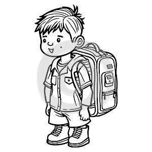 Cute boy with backpack coloring page. Back to school concept