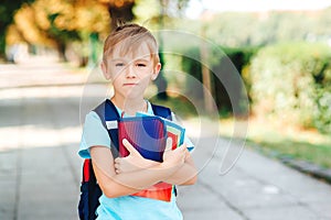 Cute boy with backpack going to school. Child of primary school. Pupil go study with backpack and books