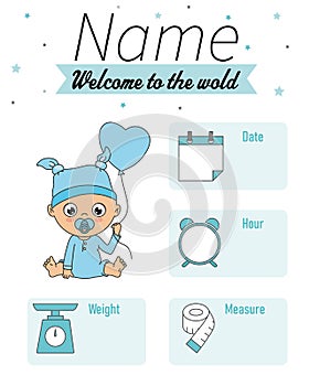 Cute boy with balloon. Baby birth print. Baby data template at birth.