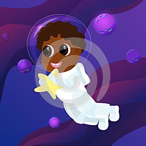 A cute boy with big eyes is dressed in an astronaut suit and a helmet. The child holds an asterisk in his hands and flies.