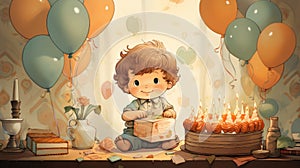 Cute boy birthday card with cake with candles and balloons. Childrens birthday party. Watercolor illustration. Generative AI