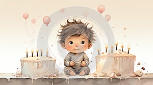 Cute boy birthday card with cakes with candles and balloons. Childrens birthday party. Watercolor illustration. Generative AI