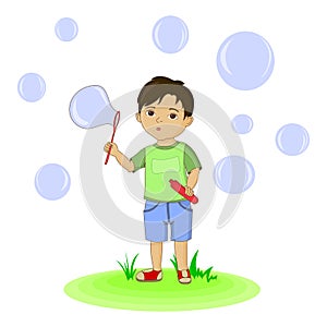 Cute boy blowing bubbles. hand drawn illustration