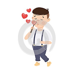 Cute Boy Blowing Soap Bubbles in Shape of Hearts, Adorable Child Character with Romance Feelings Symbols, Happy