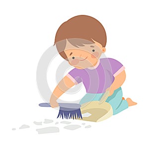 Cute Boy with Brush and Dustpan Sweeping Garbage, Adorable Kid Doing Housework Chores at Home Vector Illustration