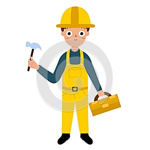 Cute boy builder in cartoon style. Funny construction worker kid isolated on white background