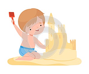 Cute Boy Building Sandcastle, Kids Summer Activities, Adorable Child Having Fun on Beach on Holidays Cartoon Vector