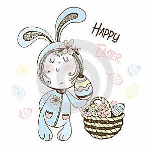 Cute boy in a Bunny costume with a basket of Easter eggs. Happy Easter. Vector