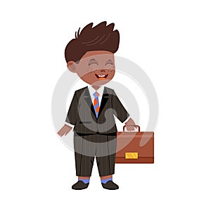 Cute Boy Businessman in Formal Suit Holding Briefcase Vector Illustration